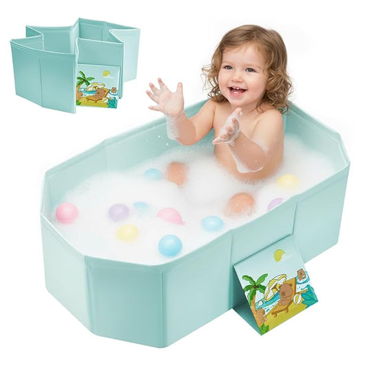 Baby Bathtub for Newborn to Toddlers, Foldable Infants Babies Bath Tub with Non-Slip Base and Drain Plug, Portable Bathtub for Home Outdoor (Light Green, 75-45-25CM)