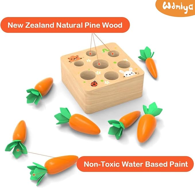 Wdmiya Montessoritoys for 1 Year Old, Wooden Toys Developmental Shape Sorting & Matching Puzzle Carrots Harvest Game, Birthday Gifts for Toddlers Babies Boys and Girls 6-12 Months Christmas