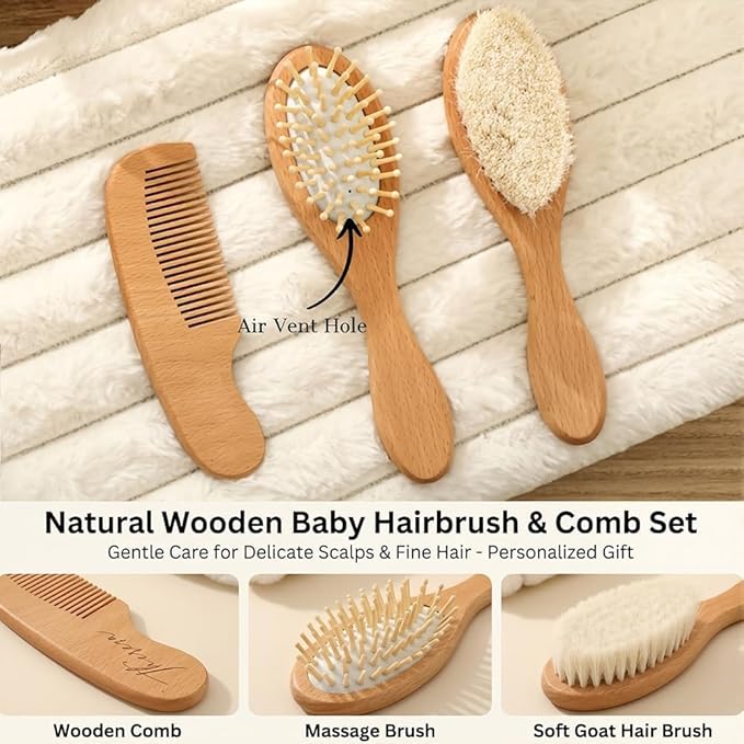 Personalized Wooden Baby Hair Brush and Comb Bristles,Personalized Pacifier Clip with Name Newborn Baby Gift Set