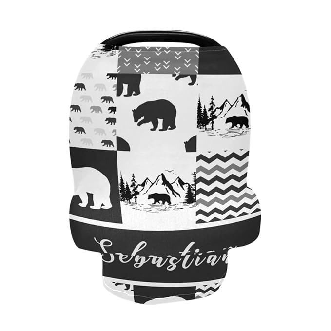Personalized Baby Name Car Seats Cover for Boys Girls，Cutomized Woodland Bear Nursing Cover Multiuse Breastfeeding Scarf Infant Car Canopy Shower Gifts for Babies Newborn Infant