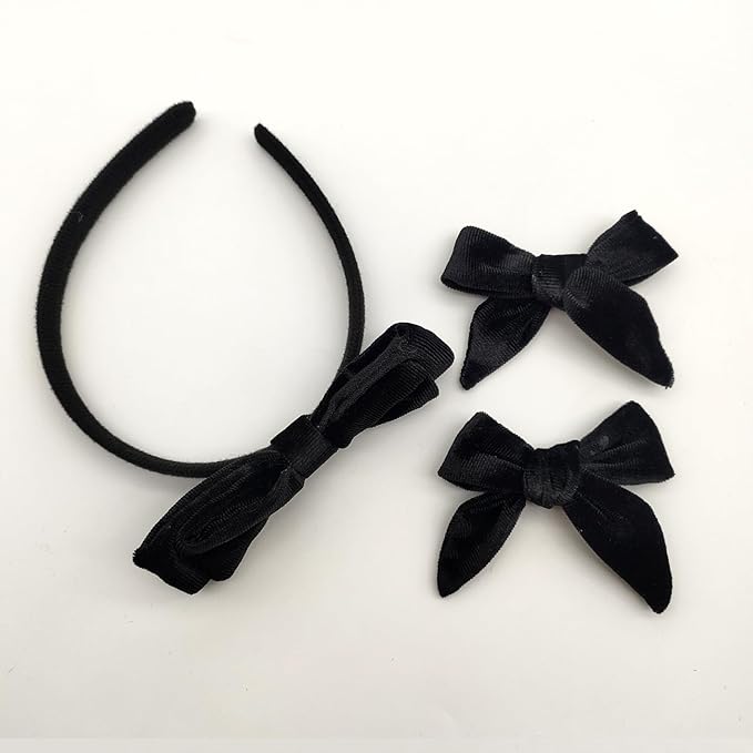 Velvet Bow Headband & 2 Pcs 4 Inch Hair Bows Set, Black School Hair Accessories for Little Toddler School Girls (Velvet Black)