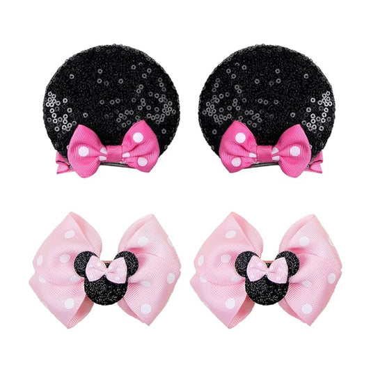 2 Pairs Pink Dot Mouse Ears Hair Clips & Mouse Hair Bows Barrettes for baby Girls Accessories Birthday Party Decorations Gift