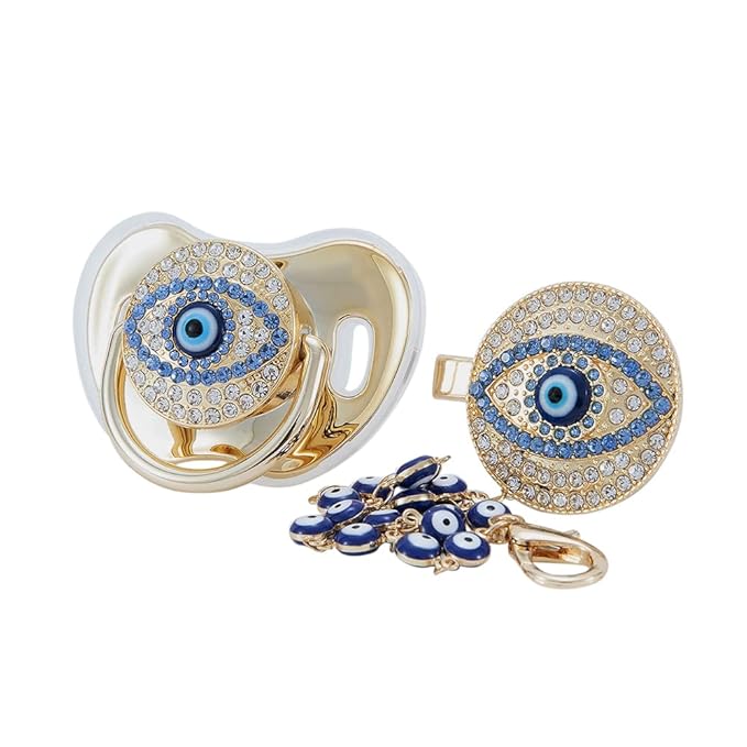 Lovely Evil Eye Gold Silver Pacifier and Clip Set BPA Free Safe Unique Design Luxurious Dummy Ideal Gift for Baby Show New Born