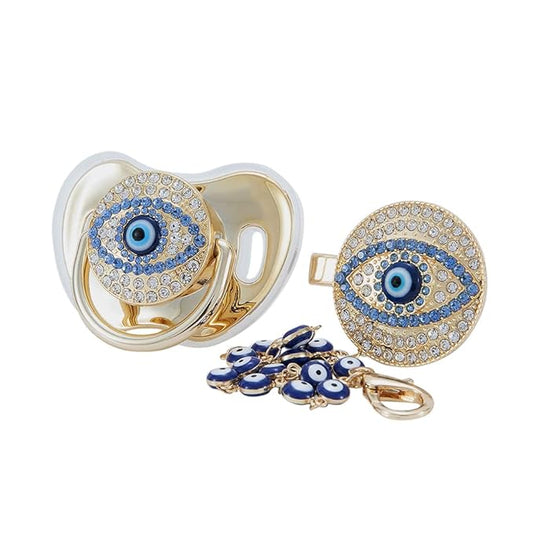 Lovely Evil Eye Gold Silver Pacifier and Clip Set BPA Free Safe Unique Design Luxurious Dummy Ideal Gift for Baby Show New Born