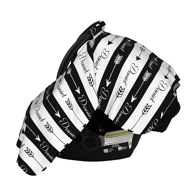 Personalized Baby Name Car Seat Covers with Tribal Arrows, Custom Carseat Canopy, Peekaboo Opening Nursing Wrap Breastfeeding Car Seat Canopies for Baby Boys Girls Newborn (Black Arrow Minky Dot)
