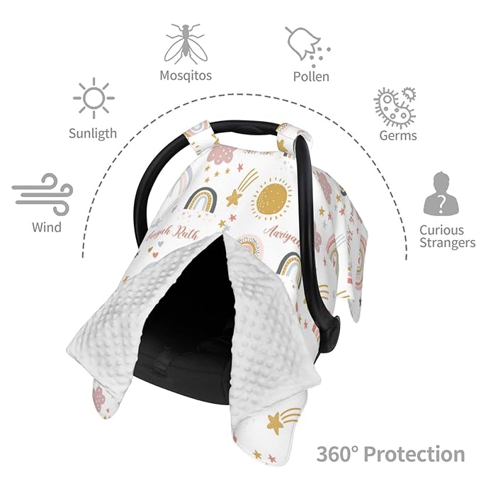 Personalized Baby Car Seat Canopy for Baby Girls, Custom Name Colorful Rainbow Baby Car Seat Covers for Babies, Opening Minky Nursing Breastfeeding Cover for Infant, Carseat Canopies for Newborn