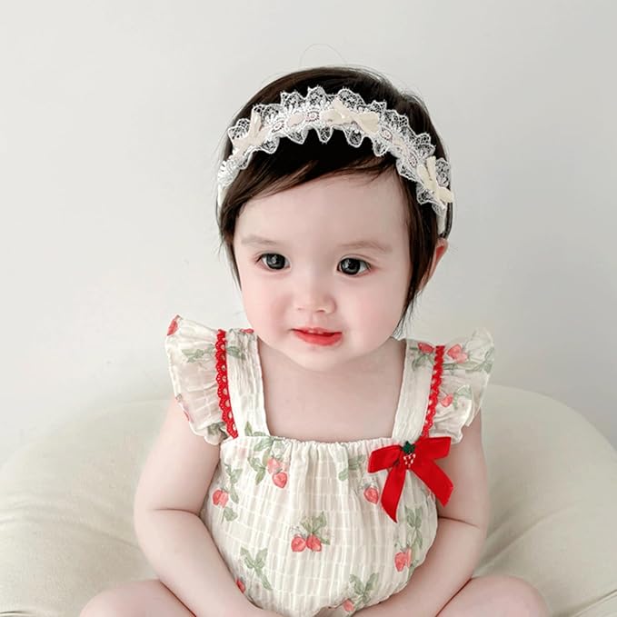 Baby Girls Hairband White Bow Lace Headbands Handmade Soft Stretchy Bowknot Hairbands Newborn Headband with Bows Pearls Elastic Head Band for Newborn Infant(Lace Beige Bow)