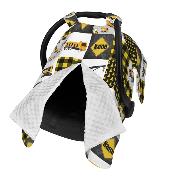Personalized Constructions Baby Car Seat Canopy for Babies with Name, Custom Trucks Car Seat Covers for Boys, Peekaboo Opening Minky Nursing Cover Infant Car Seat Canopies for Newborn