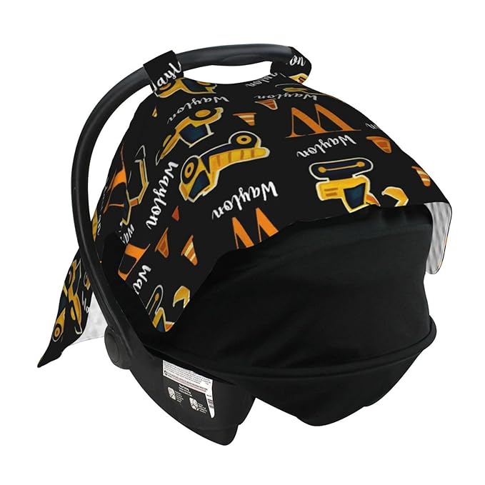Customized Baby Car Seat Cover with Name, Personalised Engineering Vehicle Baby Carseat Canopy for Boys, Multi-use Nursing Breastfeeding Covers for Infant Newborn, Shower Gifts for Babies