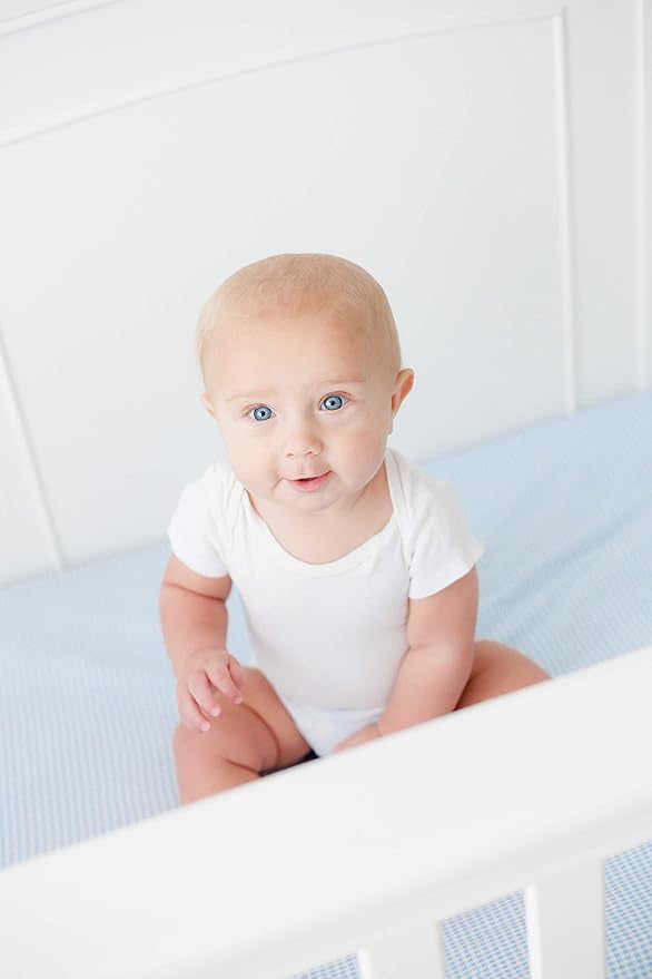SheetWorld Baby Fitted Bassinet Sheet Fits Nuna Mixx 12 x 29 inches, 100% Cotton Jersey Hypoallergenic Sheet, Unisex Boy Girl, Blue Gingham, Made in USA