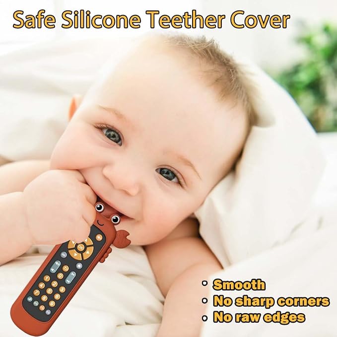 Baby TV Remote Control Toy with Cute Crab Soft Silicone Cover Teething Toy, Realistic Baby Musical Remote Control Toy with Light ＆ Sound, Educational Toys with 3 Language for 6m+Toddlers