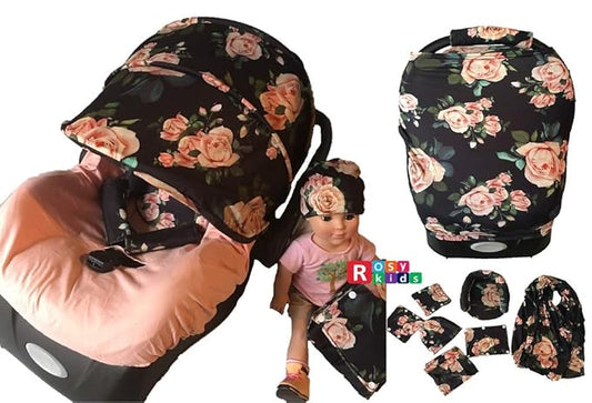 9pc Baby Boy Baby Girl Ultimate Set of Infant Car Seat Cover Canopy Headrest Blanket Hat Nursing Scarf, 06JE01