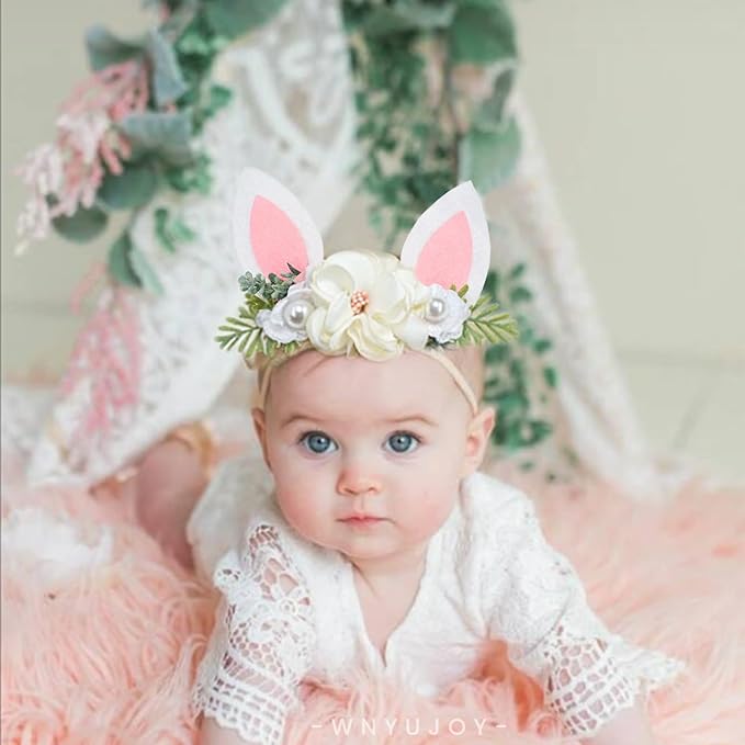 Baby Girls Flower Headband Easter Bunny Ears Nylon Hairband Cute Floral Rabbit Fairy Hair Accessories for Newborn Infant Toddler Kid