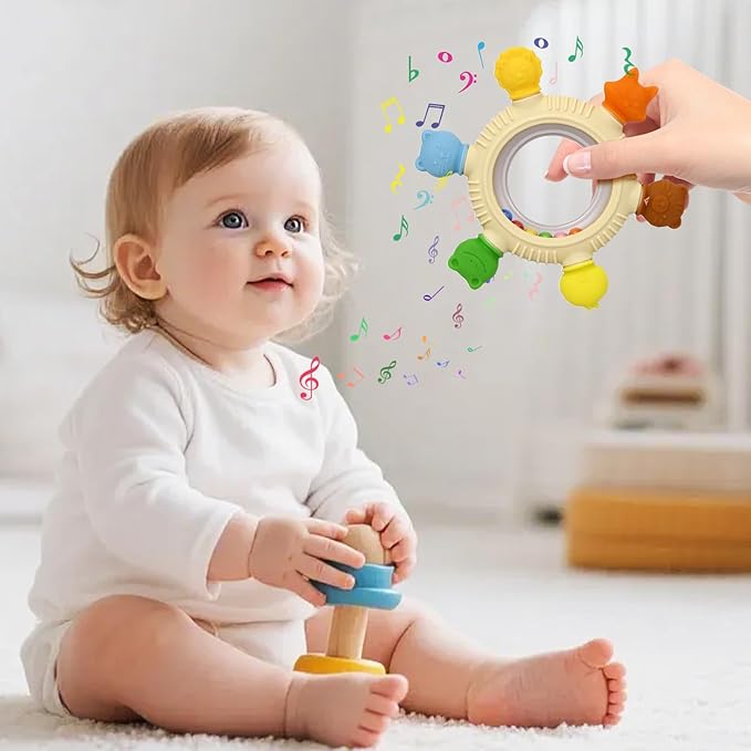 2 Pack Sensory Toys for Babies,Baby Teething Rings Toys for 0-6 6-12 Months Baby Rattle Teether Silicone Teether Relief Chew Soothing,BPA Free,Sore Gums Babys Teethers Toys