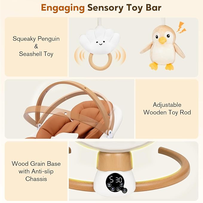 Baby Swings for Infants | Electric Portable Baby Swing with Bluetooth, 5 Swing Speed, 3 Timer Settings, 10 Lullabies, 5-Point Harness & Remote Control | Newborn Swing for Indoor & Outdoor (Brown)