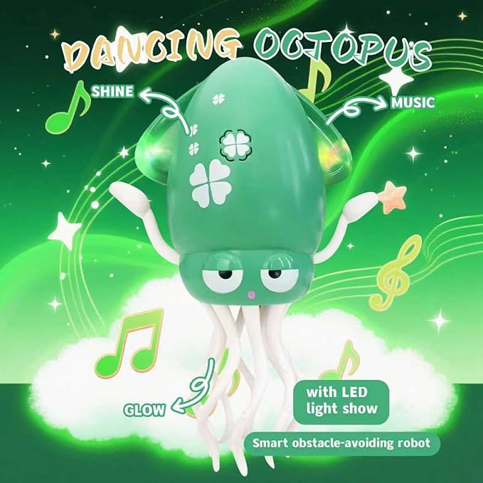 Dancing Octopus Baby Toy – USB Rechargeable Electric Crawling Tummy Time Toy, Magical Musical Squid with LED Lights, Music & Obstacle Avoidance – Birthday Gift for Kids Ages 3Y+ (Green)