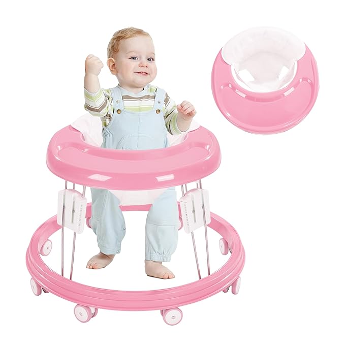 Adjustable Baby Walkers for Baby with Easy Clean Tray, Universal Wheeled Walker, Anti-Rollover Folding Walker for Girls Boys 6-18Months Toddler (Pink)