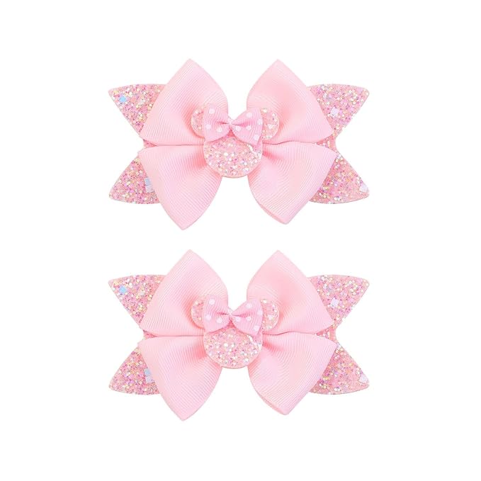 4.5 Inch Cute Mouse Ears Sequins Bows Hair Clips For Baby Girls, Toddler, Kids and Young Women Birthday Party Wedding Christmas Occasions Set of 2 (B- Light Pink)