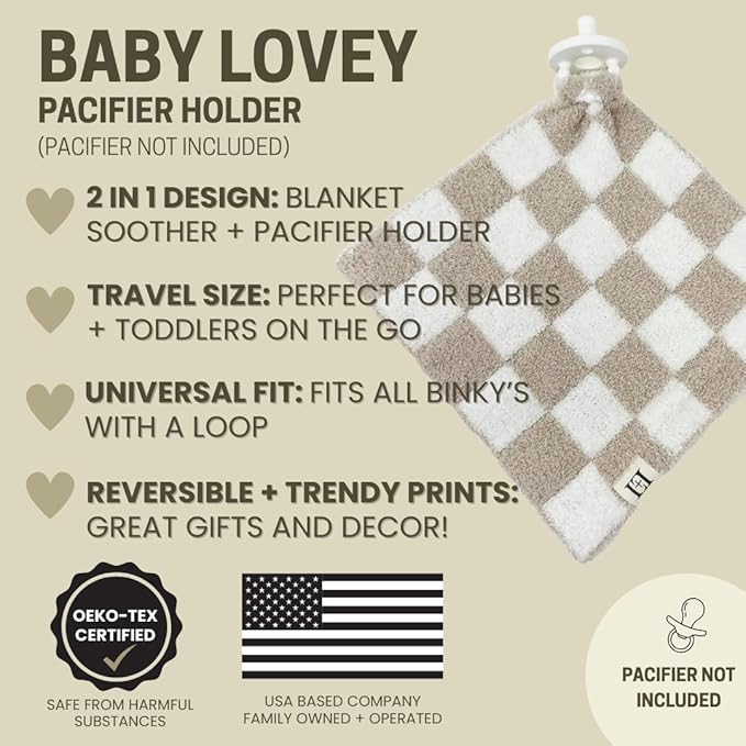 L+L USA Checkered Baby Lovey Pacifier/Teether Holder 10"x10" - DreamSoft Plush Fluffy Cuddly Soothie Reversible Mini Comfort Blanket - Cute Newborn Gift Essential Babies Boys Girls (Black/White)