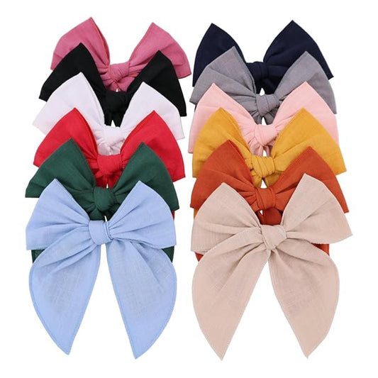 12 PCS Large Fable Bow Hair Clip for Little Girl Kids Linen Velvet Hair Bows Barrettes Alligator Clips Baby Mom Women Hair Accessories (Linen 12 PCS)