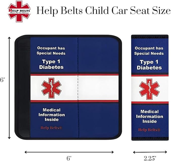 Type 1 Diabetes Awareness Medical Alert Seatbelt Cover for Children in Car Seats (6”) Featuring an Emergency Information Form and Pocket by Help Belts. (Blue/White)