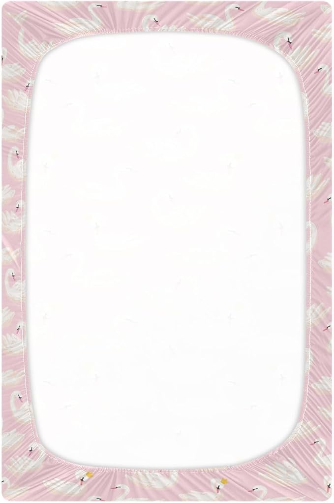 Fitted Crib Sheets Pink Cute Swan Animals Stretchy Portable Playard Sheets for Baby Toddler, Breathable Soft Mini Crib Mattress 39 x 27 in for Boys and Girls