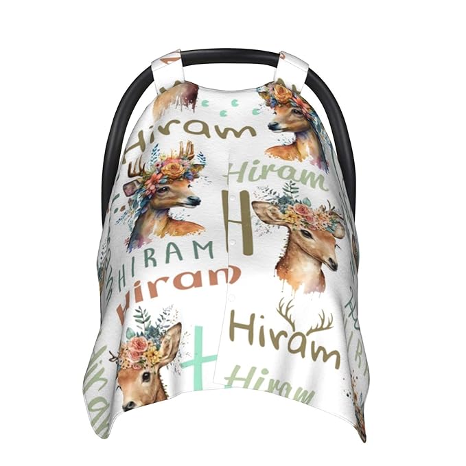 Personalized Woodland Deer Baby Car Seat Cover with Name, Customized Peekaboo Opening Car Seat Canopy for Baby Girls Boys, Nursing Covers Breastfeeding Scarf for Infant Newborn
