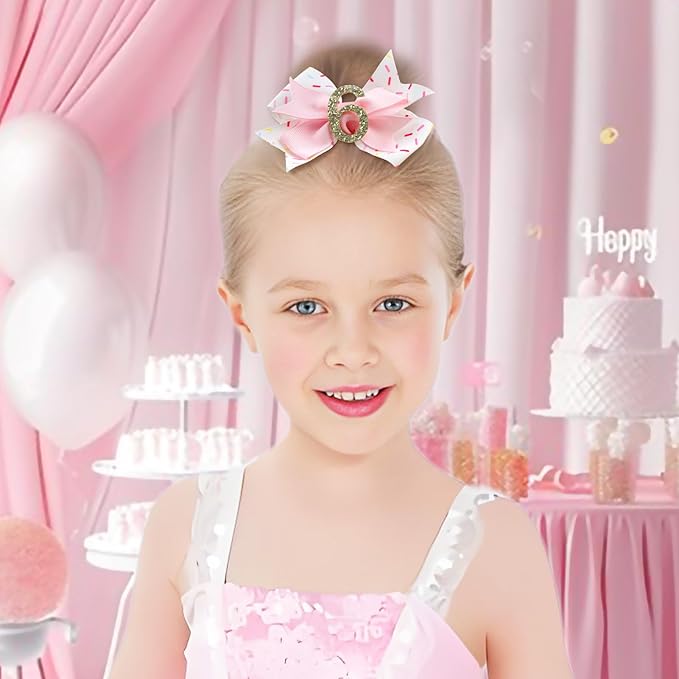 YanJie 1pcs 4'' Baby Hair Bow for 6 Years Old 6th Birthday Outfit Girl Birthday Decorations for Girl Glitter Infants Hair Clips Accessories with Bows
