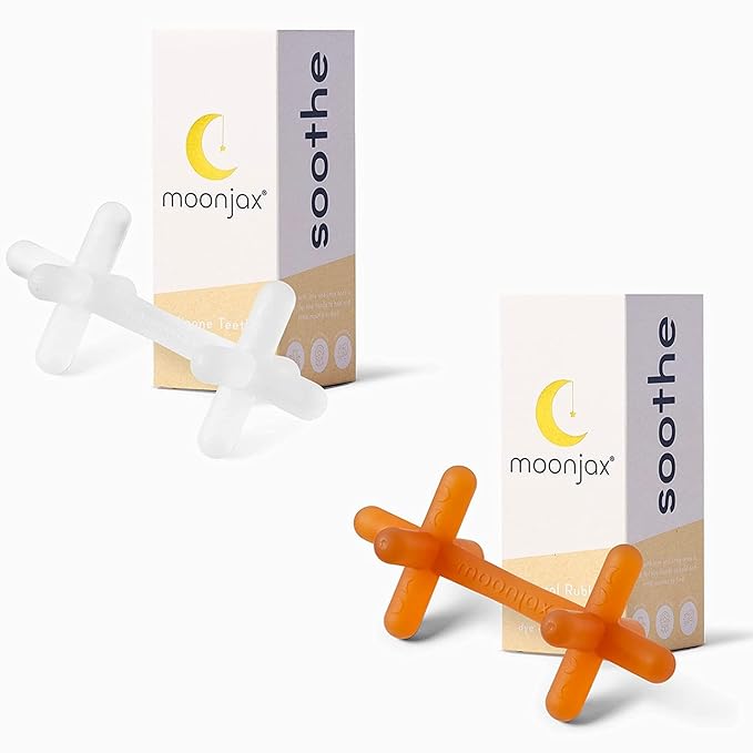 Moonjax Baby Teether Bundle | Buy 2 and Save | Two Teethers: One (1) Clear Silicone & One (1) Natural Rubber | Baby teether for Infants, Toddlers, Newborns, CPSIA Certified