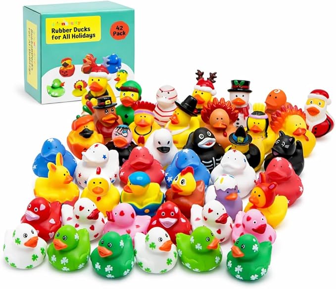 4E's Novelty Rubber Ducks for All Holidays, Bulk Pack of 42 - Includes 6 of Each Holiday, St Patricks Day Duckies, Easter, July 4 Ducks, Bath Toys for Kids, Gift for Jeep Owners, Jeep Ducking