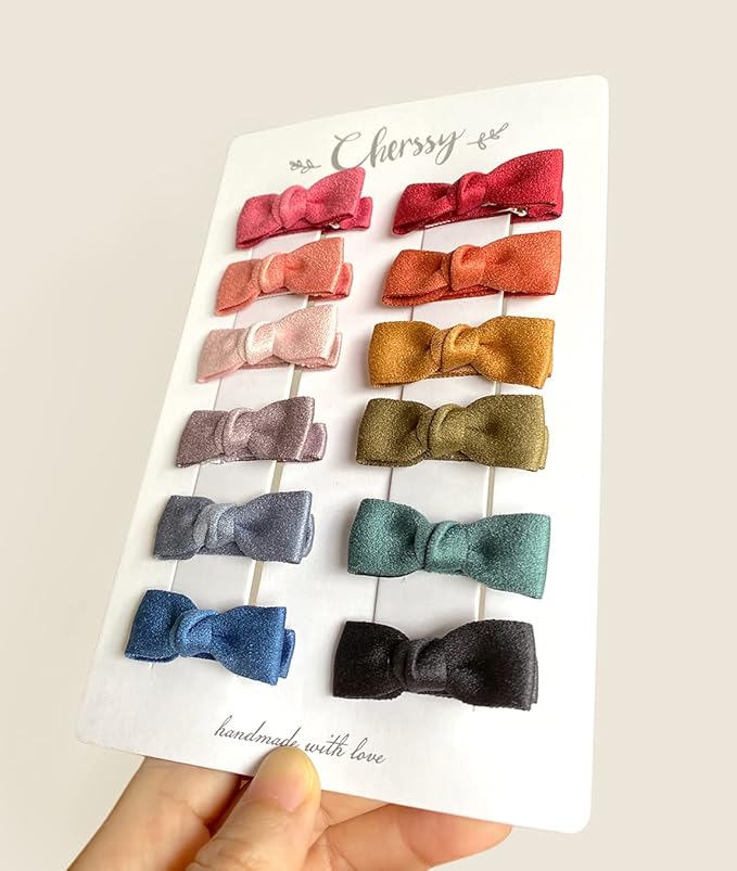 Boutique Baby Hair Clips, 12pcs Suede Mini Bows Hair Barrettes, Fully Lined Hair Pins for Infant Toddler Girl's Fine Hair by Cherssy
