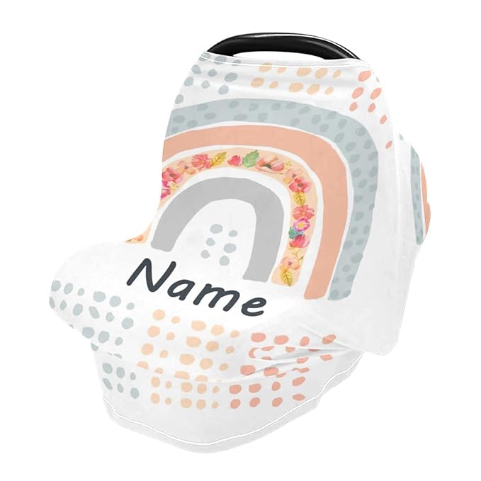 Personalized Boho Rainbow Baby Car Seat Cover, Customized Name Nursing Covers Breastfeeding Scarf Infant Carseat Canopy, Custom Shower Gift for Newborn Girls Babies