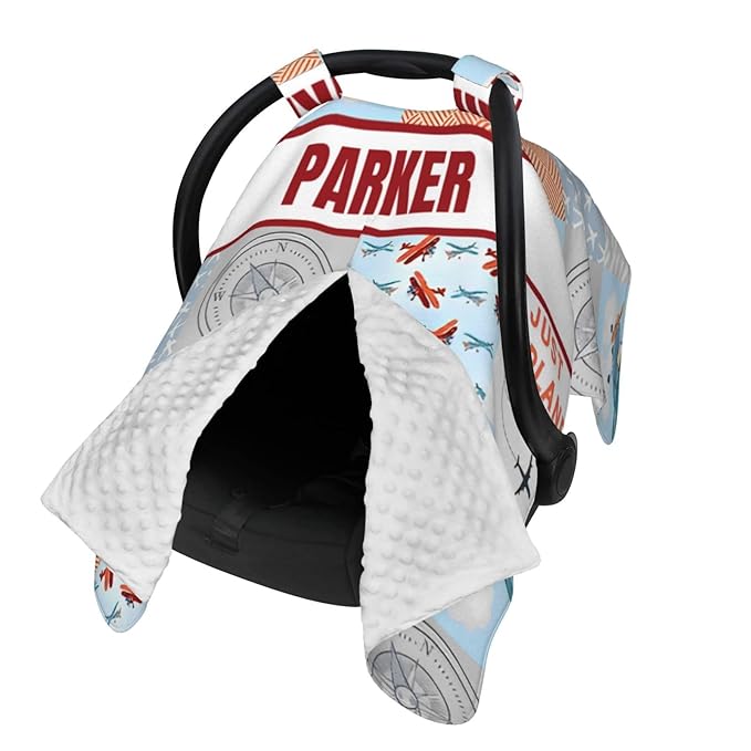 Personalized Minky Car Seat Canopy for Girl Boy, Custom Name Stroller Car Seat Covers Cover for Infant Newborn Shower Gift, Nursing Opening Carseat Cover for Breastfeeding, Plane