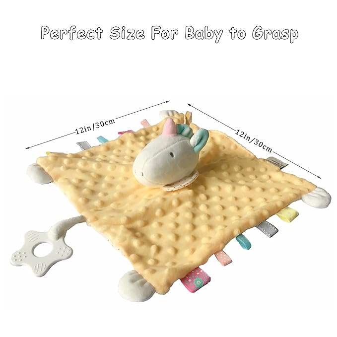 Yellow Unicorn Security Blanket with Tags Lovey Teether Toys Infant Stuffed Animal Taggy Blanket Soft Plush Minky Dot Baby Snuggle Blanket with Rattle Crinkle, Shower Gift for Newborn Infant