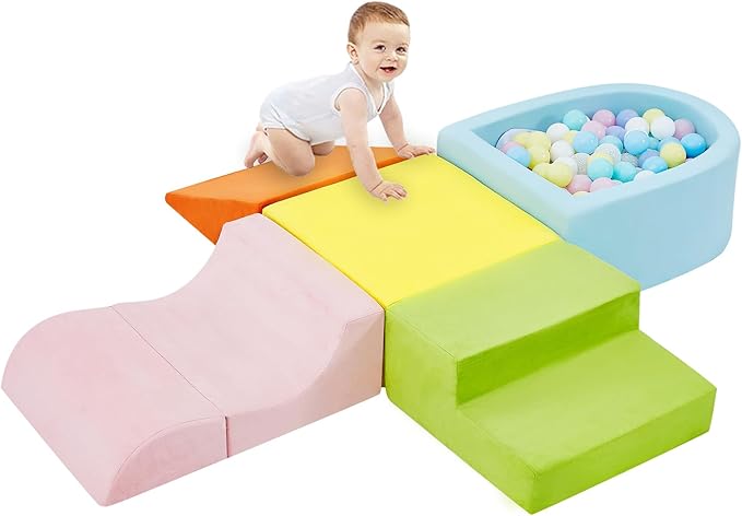 5-Piece Climbing Toys for Toddlers 1-3 , Baby Foam Blocks,Toddler Climbing Toys Indoor with Foam Ball Pit (Balls not Included), Soft Foam Climbing Blocks Set Indoor Play Gym for Crawling and Sliding