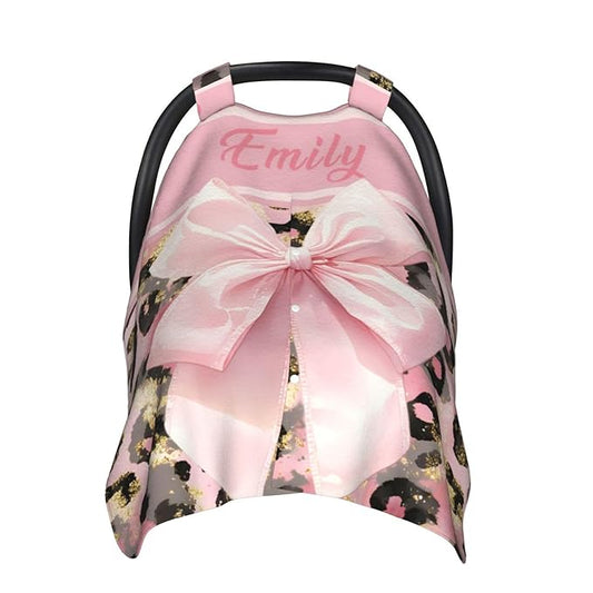 Personalized Baby Car Seat Canopy with Name, Leopard Infant Car Seat Cover, Nursing & Breastfeeding Stroller Cover, Newborn Shower Gift for Baby Girls