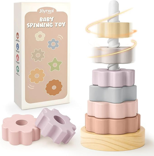 Joyreal Wooden Spinning Stacking Toys, Neutral Ring Stacker Montessori Toys for Toddlers 1-3, Christmas Birthday Gifts for Boys Girls