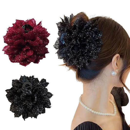 Large Rose Flower Hair Claws - Big Mesh Floral Plastic Hair Clips for Women, Barrettes & Updo Holders for Chignon and Bun Hairstyles (Black & red)
