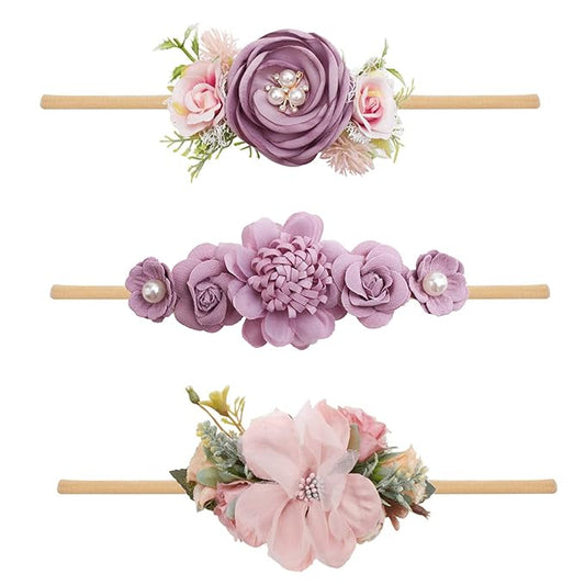 Baby Girl Headbands Nylon Flower Elastic Hairbands 3pcs Hair Accessories Gift for Newborn Infant Toddlers (YM4)