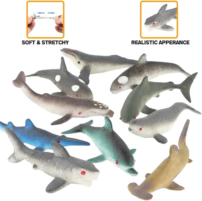 20 PCS Mini Rubber Shark Toy Figure, Super Stretches Bath Toy Set, Material TPR, Ocean Sea Animal Floating Bathtub Toy Party Favors, Realistic Shark Dolphin Whale Toy