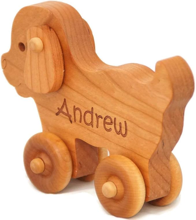Wooden Puppy Toy Car – Easter Basket Gift for Toddlers & Kids, Handmade Wooden Puppy Push Toy, Natural Wood Animal Toy