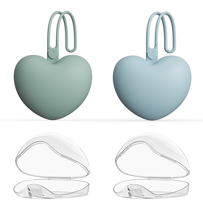 4PCS Pacifier Holder Case Set, 2pcs Silicone Portable Pacifier Pouch and 2pcs Transparent Pacifier Storage Container, Cute Heart Shape Pacifier Storage Case for Newborn Baby（Green&Blue）
