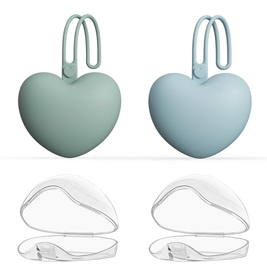4PCS Pacifier Holder Case Set, 2pcs Silicone Portable Pacifier Pouch and 2pcs Transparent Pacifier Storage Container, Cute Heart Shape Pacifier Storage Case for Newborn Baby（Green&Blue）