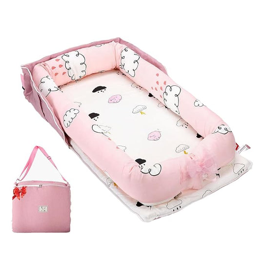 Baby Lounger for Newborns & Infants 0–24 Months, 100% Cotton Breathable Infant Support Cushion with Adjustable Size, Portable Baby Nest for Home and Travel, Baby Shower Gift (Rain Cloud)