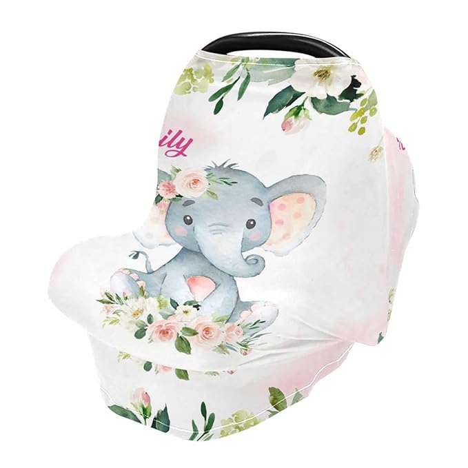 Personalized Baby Car Seat Covers with Name, Custom Nursing Cover Breastfeeding for Babies, Carseat Canopy for Girls, Infant Stroller Cover for Winter, Breathable Carseats Cover (Elephant Rose)