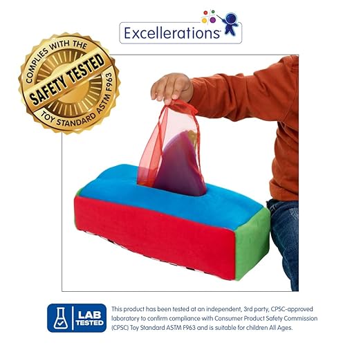 Excellerations Plush Pull & Play 12 inches L x 5-1/2 inches W x 3-1/2 inches H Tissue Box 12 Square Scarves for Children, Kids Educational Baby Toy, 9 Months and Up