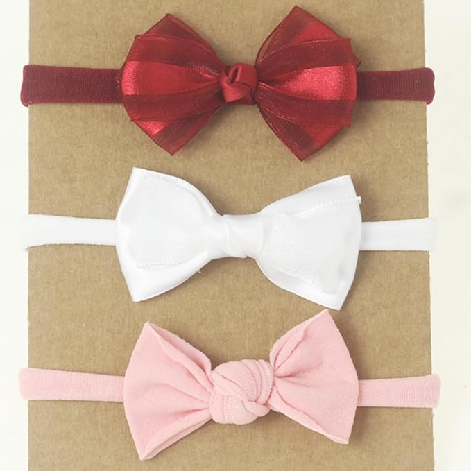 Nihao Baby Red white Pink Headband for Baby Girls Newborn Bows -3 PCS