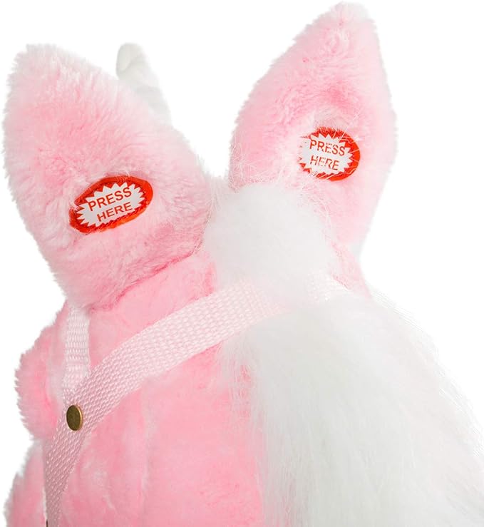 HollyHOME Plush Unicorn Stick Horse with Wood Wheels Real Pony Neighing and Galloping Sounds Plush Toy Pink 37 Inches(AA Batteries Required)
