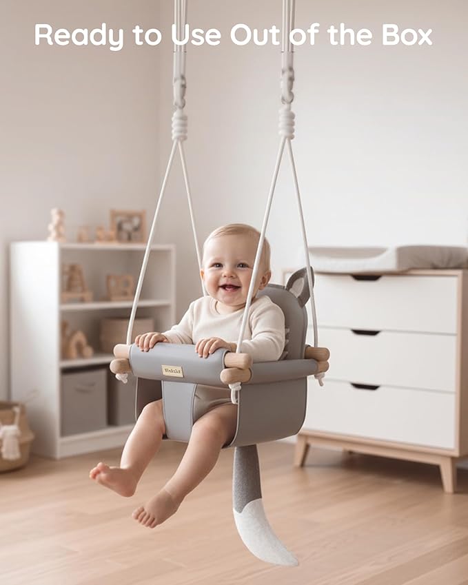 Wooden Hanging Baby Swing with Soft Safety Belt, Cozy Infant Swing Seat for Indoor & Outdoor Use, Adjustable Height, Includes Mounting Hardware – Suitable for Babies & Toddlers（Fox-Themed in Gray