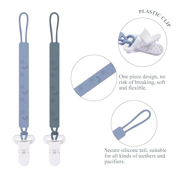 One Piece Design Silicone Pacifier Clip Holder for Baby Boys and Girls,Pack of 4 Flexible Paci Leash,Binky Clips,Newborn Essentials (Sun & Cloud & Rainbow, Gray)